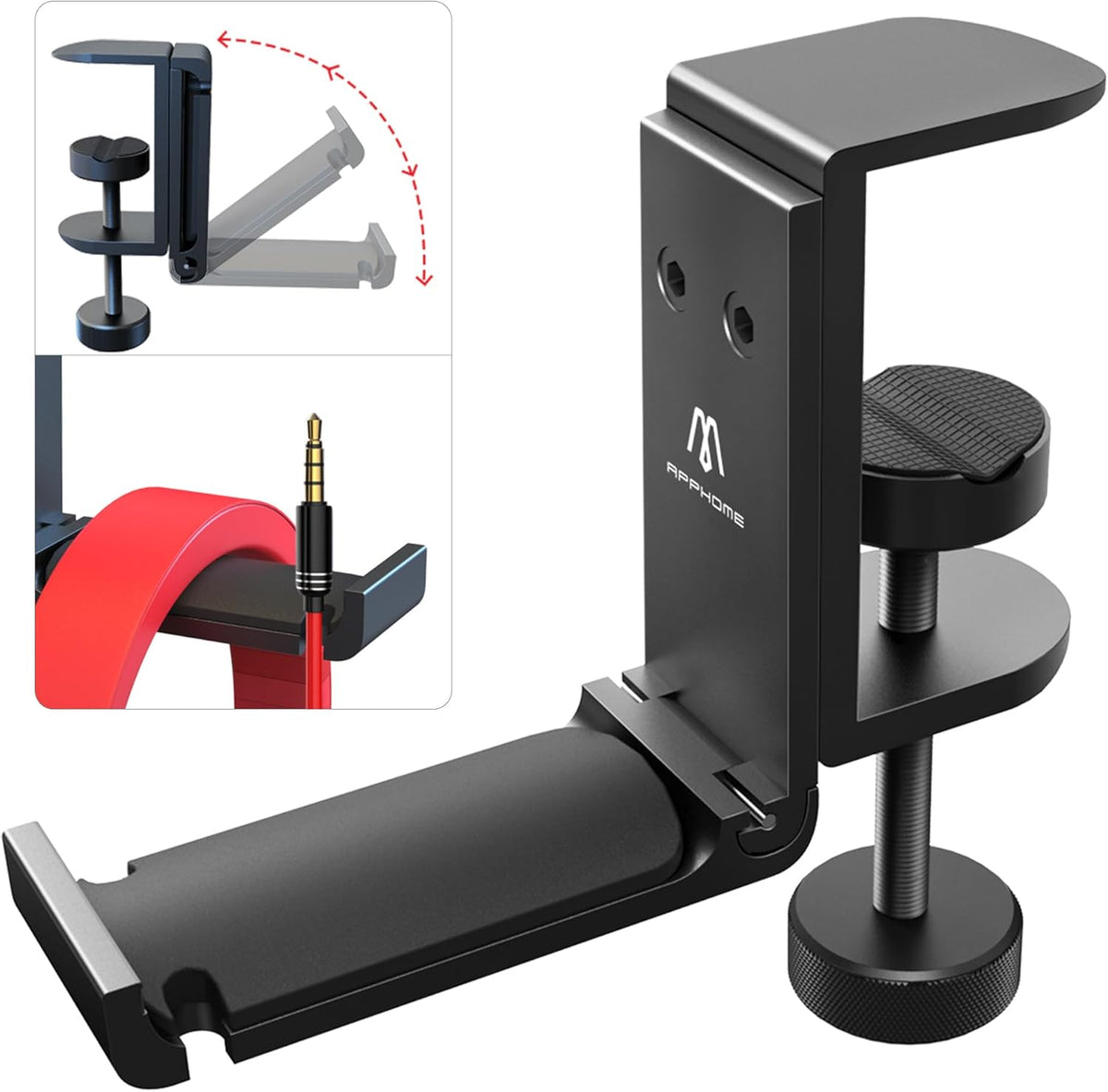 Foldable Under-Desk Headphone Stand - Metal Headset Holder with Cable Organizer, Space-Saving Bag Hook & Backpack Hanger for Gaming and Office Use, Universal Fit, Black