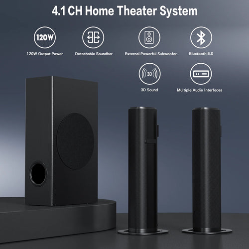 4.1Ch Sound Bar with Subwoofer, 120W Separable Sound Bar for TV, 2-In-1 Detachable Sound Bar with Usb/Aux/Coaxial/Optical/Hdmi/Bluetooth