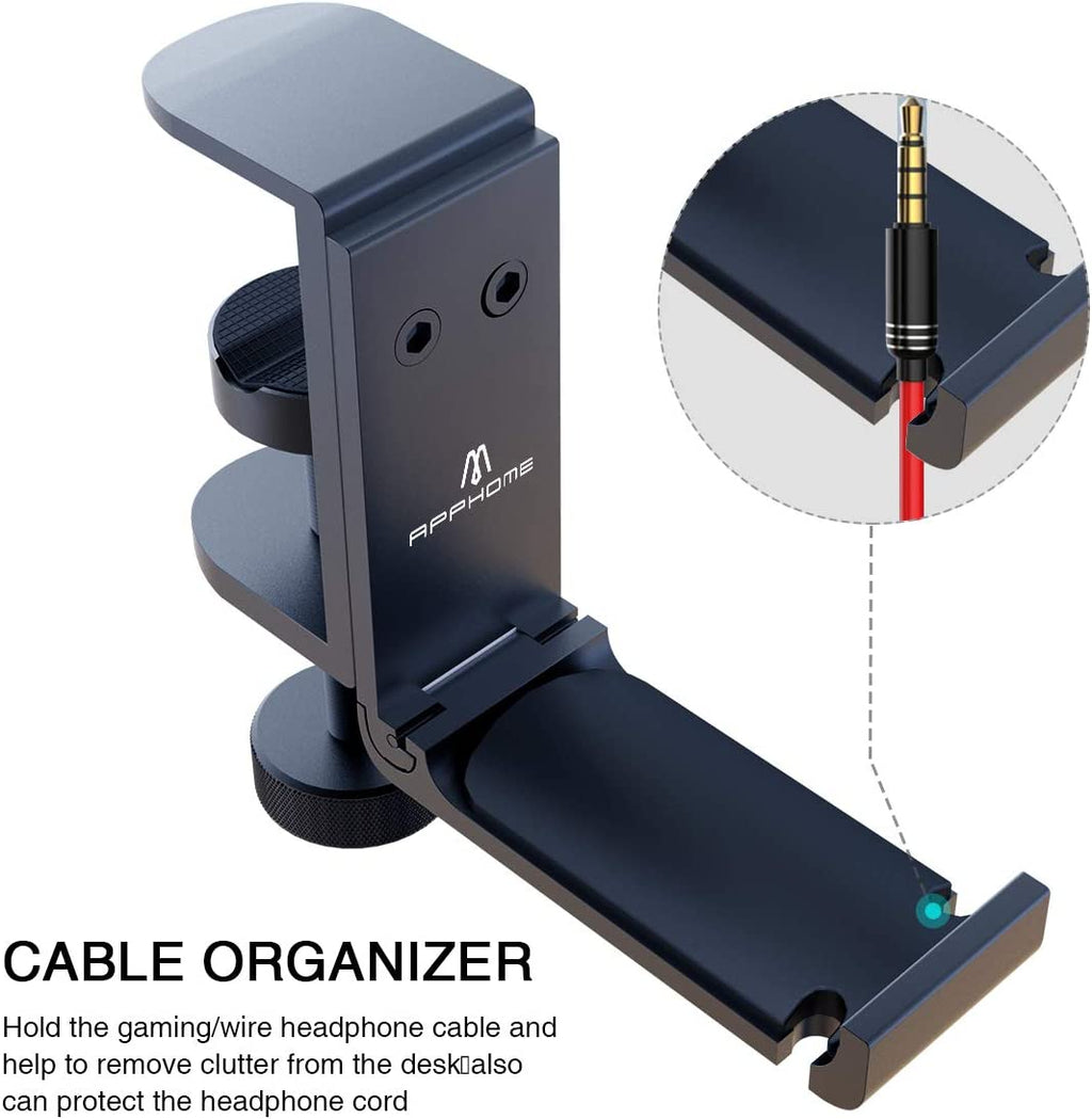 Foldable Under-Desk Headphone Stand - Metal Headset Holder with Cable Organizer, Space-Saving Bag Hook & Backpack Hanger for Gaming and Office Use, Universal Fit, Black